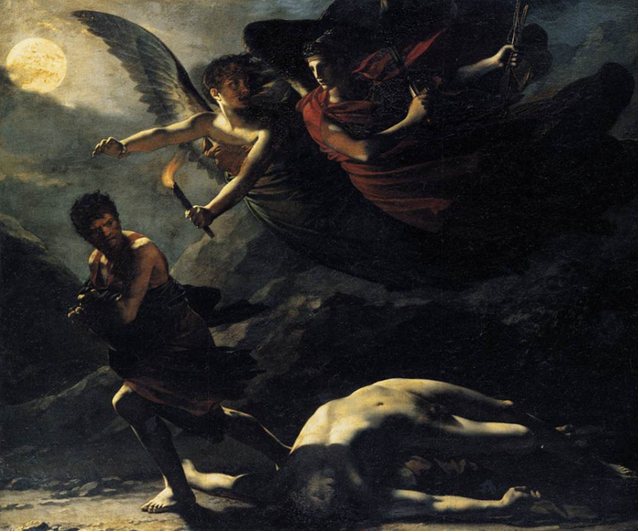 Justice (Dike, on the left) and Divine Vengeance (Nemesis, right) are pursuing the criminal murderer. Pierre-Paul Prud’hon, 1808