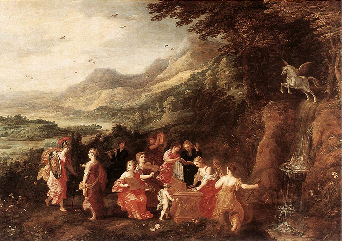 Helicon or Minerva’s Visit to the Muses, 3 ressamın birlikte çalışmasının ürünü: Joos de Momper (manzara), Hendrik van Balen (figürler) ve Jan ‘Velvet’ Brueghel (çiçekler), Koninklijk Museum voor Schone Kunsten, Antwerp — Ovid, Minevra’nın Helikon Dağını ve Musaları, onların şarkılarını ve hikayelerini dinlemek ve Pegasus’un toynağı çarptıktan sonra akan Hippocrene Şelalesi’ni ziyaret ettiğini anlatır. Arkada görülen at Pegasus’tur ve toynaklarının altında şelale akmaktadır.