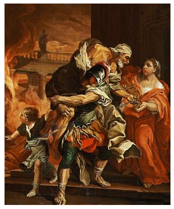 Aeneas, yaşlı babası Kral Ankhises'i sırtında taşıyarak yanan Troya'dan kaçıyor. Yanında oğlu. Karısı Kreusa onlara Troya'nın vesayetçi tanrısının altın bir heykelini hediye etmektedir, Pietro Testa'ya atfedilmiştir, (İtalyan, 1611-1650)