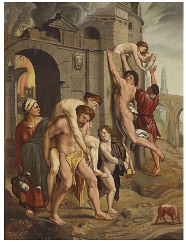 Aeneas babası Ankhises'i yanan Troya'dan kurtarır, Lambert Suavius'a atfedilmiştir, (Belçikalı, d. yaklaşık 1510-1567)