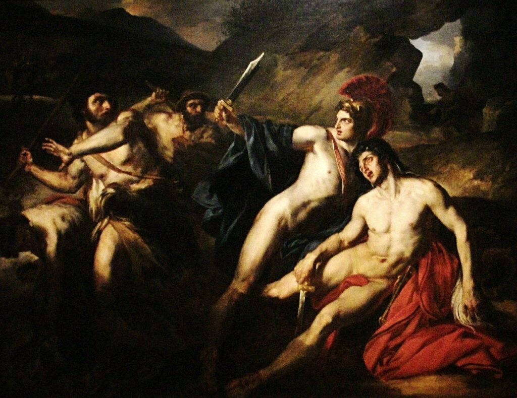 Pylades ve Orestes, François Bouchot . Pylades, çılgınlık sırasında Orestes'i korurken gösterilmiştir.