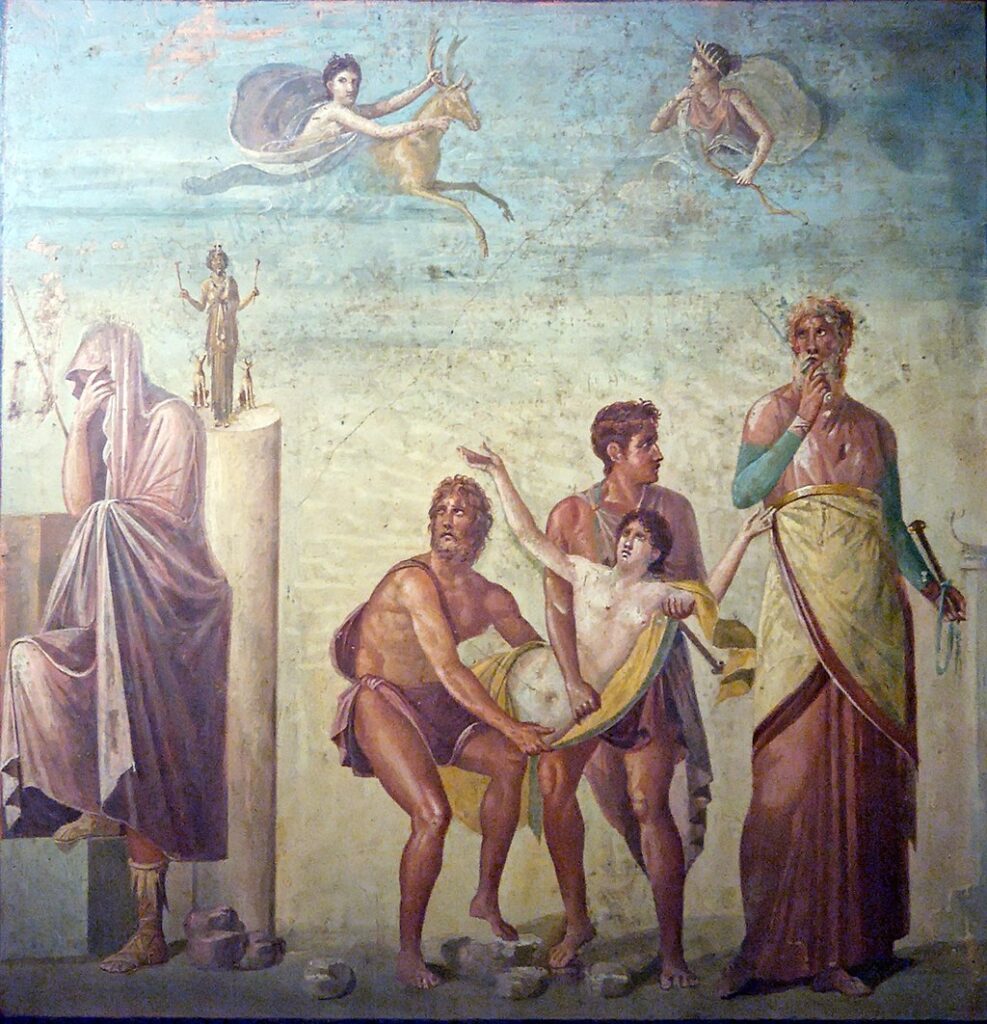 Pompeii'den bir peristil freskinde Kalkhas, Agamemnon'un kızı İphigeneia'nın, donanmayı Troya'ya taşımak için gereken rüzgârların ilahi bedeli olarak kurban edilmesine başkanlık eder. Yunan mitolojisinde kahinler