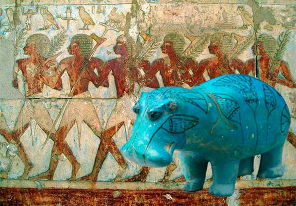 Ayakta duran hipopotam heykelciği.Mısır, Orta Mısır, Meir, Hükümdar Senbi II'nin B3 mezarı, 1910. (CC0) Arka plan: Hatşepsut'un gizemli 'Punt Ülkesi'ne yaptığı ticaret seferinin üyeleri, bu firavunun Deir El-Bahri'deki zarif morg tapınağından. 