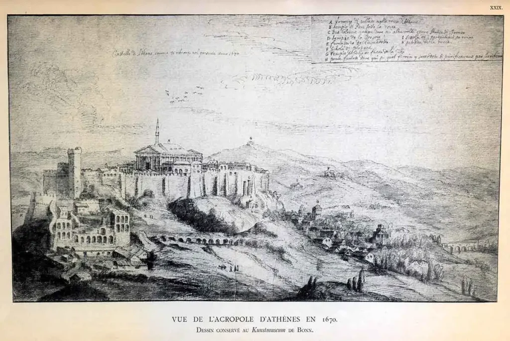 J. Carrey'e atfedilen ve Henri Omont tarafından 1898'de Paris'te yayınlanan, Parthenon Tapınağı minare ile birlikte 1670 yılında Akropolis'in görünümü, Laskarides Vakfı aracılığıyla