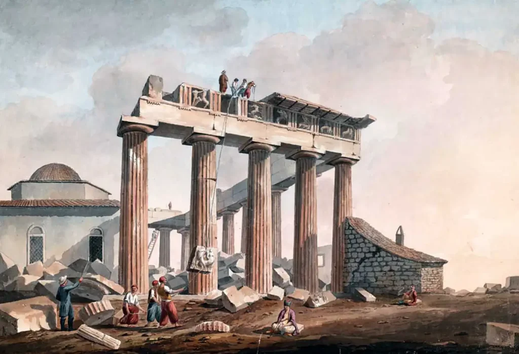 Edward Dodwell'in 1805 dolaylarında yaptığı suluboya resim, Parthenon Tapınağı frizini kaldıran işçileri gösteriyor, ayrıca Parthenon sütunlarının içinde küçük bir cami de görülüyor,Packard Humanities Institute, Los Angeles