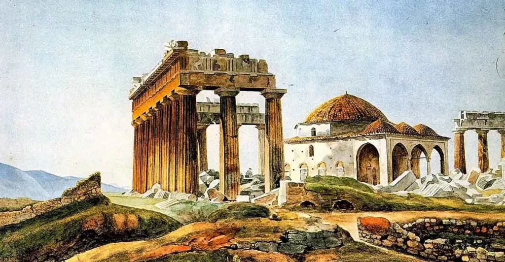 Parthenon'un cami olarak hizmet veren ikinci aşaması, Pierre Peytier, 1830'lar, Wikimedia Commons aracılığıyla