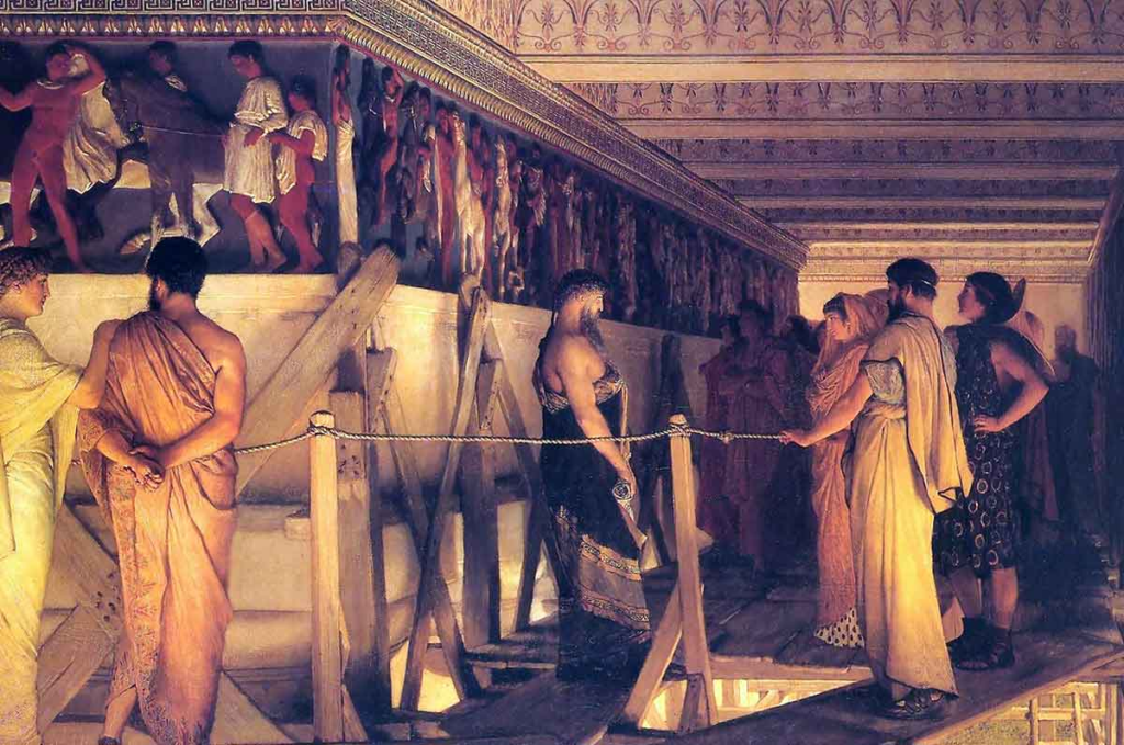 Phidias atölyesini arkadaşlarına gösterirken (Sokrates, Miletli Aspasia, Perikles ve Alcibiades dahil), Lawrence Alma Tadema, 1868. Kaynak: Birmingham Müzesi ve Sanat Galerisi

