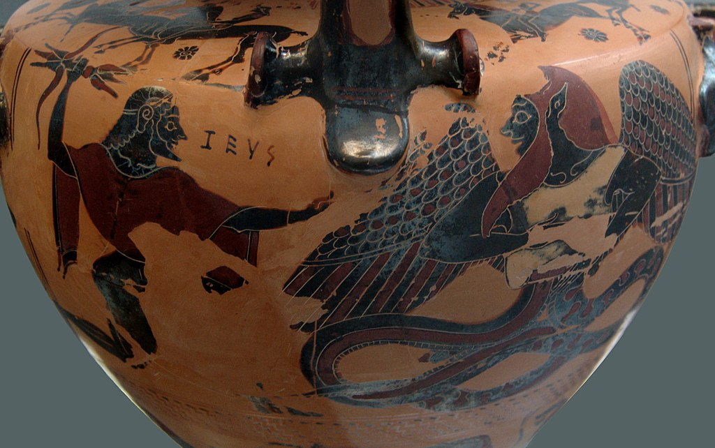Zeus, şimşekleri Tayfun'a doğru fırlatırken. (MÖ 550, Staatliche Antikensammlungen)